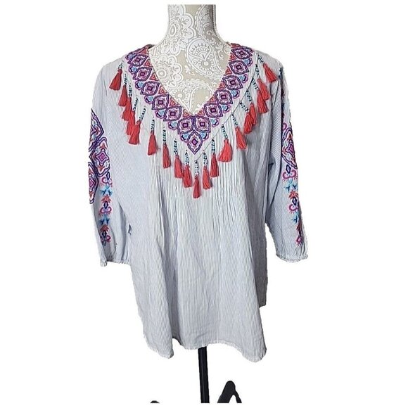 Chico's Peasant Embroidered Striped Blouse with Tassels Boho Women's Large - Picture 1 of 11